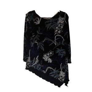 Chico's Travelers Business Casual Assymetrical Black 3/4 Sleeve Floral Print L